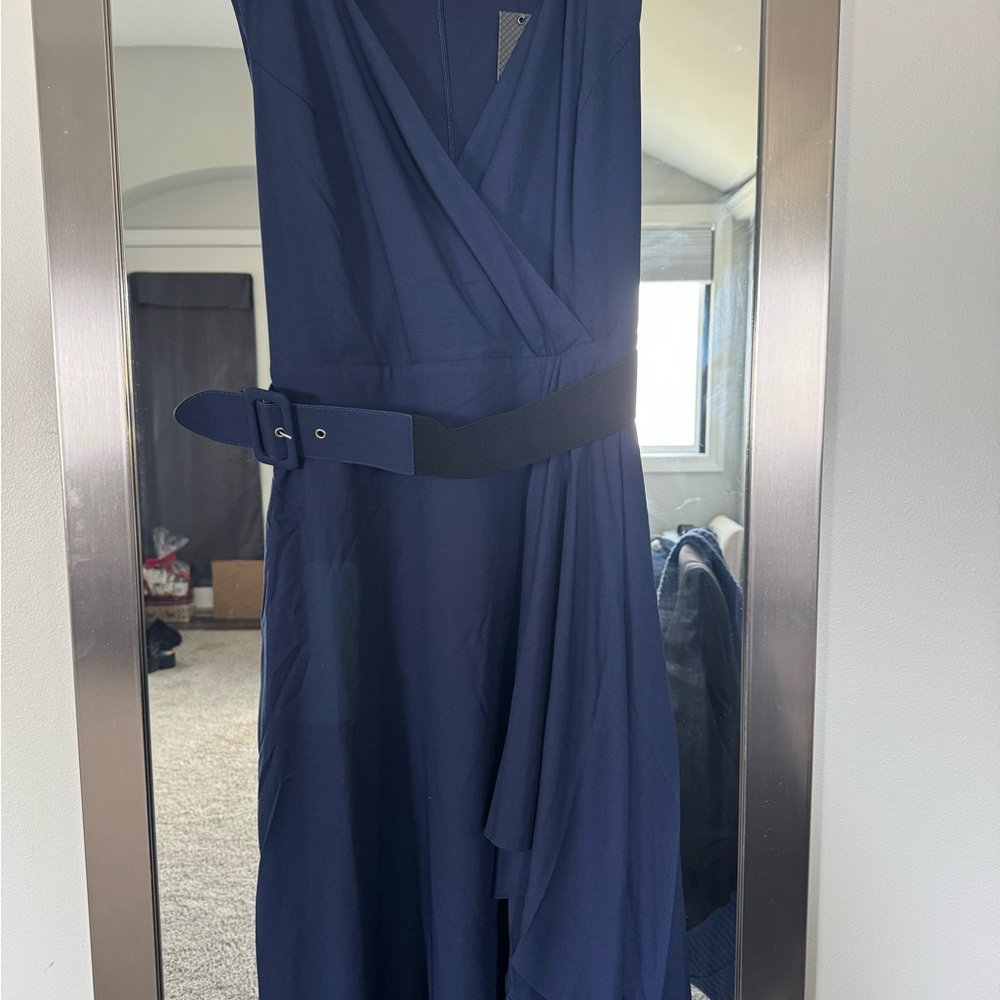 Elegant Navy Blue Belted Dress